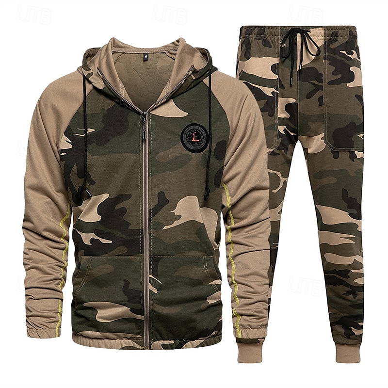 Herren Reißverschluss Kapuzensweatshirt Trainingsanzug Athleisure Herbst Langarm Winddicht Fitnessstudio Training Sport Sportbekleidung Sportkleidung Tarnung Armeegrün Khaki Grau 2025 - $39.99 –P5