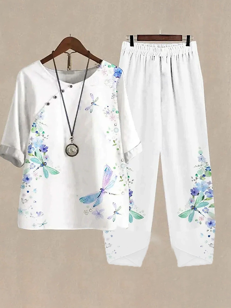 Femmes Basique Chemise Ensembles de Pantalons Demi Manches Col rond A Ombre Fleuri Graphique Imprimé Fête Décontracté Quotidien Week-end Blanche Jaune Bleu clair Été Coupe régulière de 2025 ? $44.99 –P6