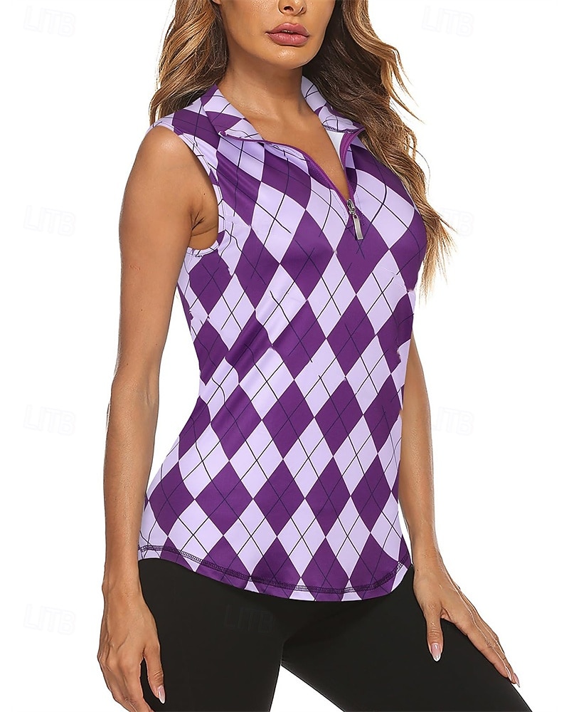 Women's Graphic Plaid / Check Sport Shirt Golf Polo Shirt Tennis Shirt Sleeveless Zipper High Elasticity Moisture Wicking Breathable Tennis Golf Pickleball Turndown Zip Collar Shirt Top Purple Tennis 2026 - $22.99 –P5