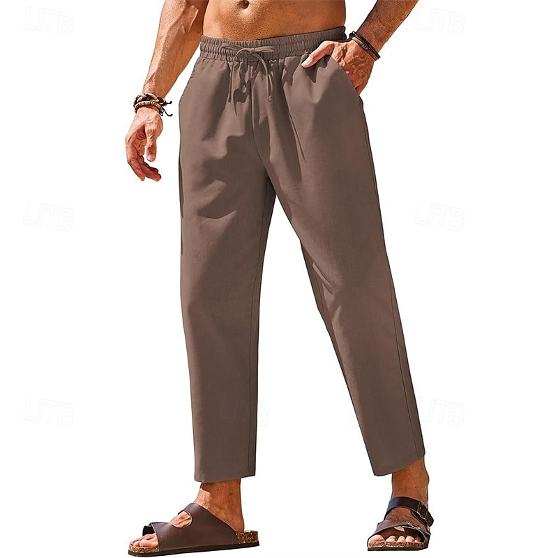 Herr Linne Byxor Långbyxor Sommarbyxor Strandbyxor Ficka Elastisk midja Snörning Slät Komfort Andningsfunktion Semester Dagligen Helgdag Hawaiisk Boho Mörkbrun Svart 2025 - $18.99 –P7