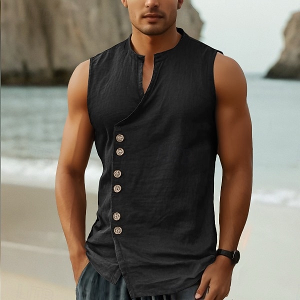 Hombre Camisa Camisa de lino Camisa de verano Camisa de playa camisa de la vendimia Camisa sin mangas Plano Vacaciones Festivos Negro Blanco Azul Piscina Caqui Sin Mangas Collar mandarín Verano 2026 - $20.99 –P10
