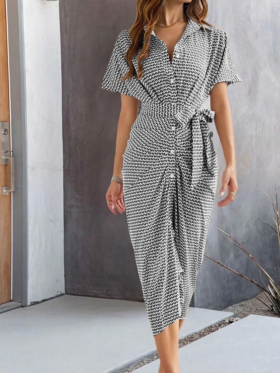 Women's Midi Dress Sheath Dress Summer Dress Casual Daily Regular Fit Graphic Short Sleeve Lapel Black Brown Summer 2025 - $41.99 –P7