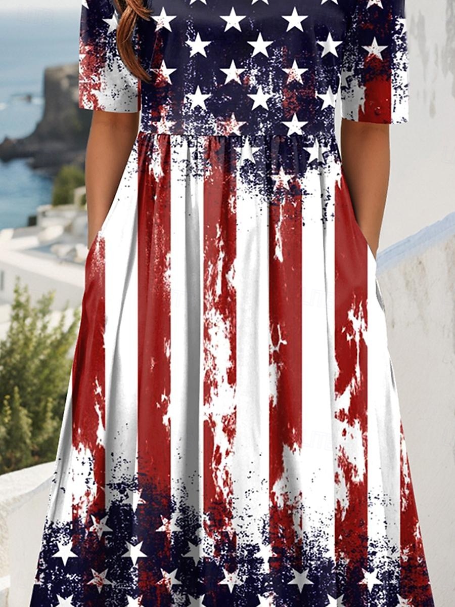 Kvinnens patriotiske midi kjole sommerkjole plissert kjole ferie uformell ferie løs passform grafisk stripet amerikansk flagg halv erme rundhals rød blå mørkeblå sommer 2025 - $29.99 –P3