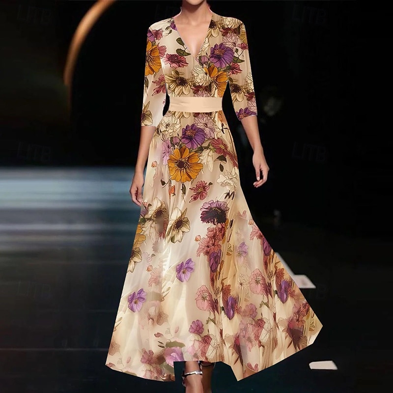 Damen Langes Kleid Maxikleid Druckkleid Mode Outdoor Date Ausgehen Normale Passform Blume Halbarm V Ausschnitt Khaki Sommer 2025 - $25.99 –P1
