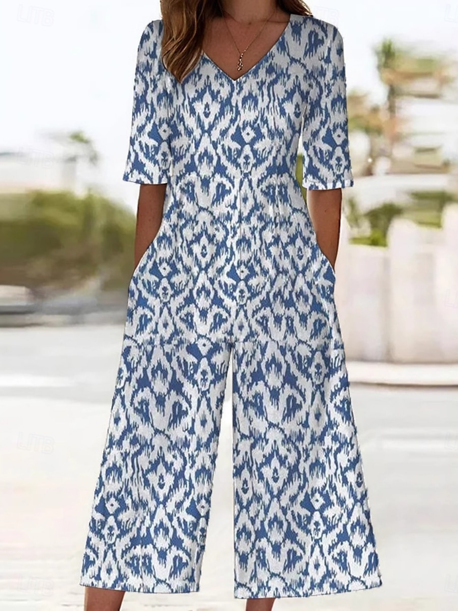 Femmes Normal Combinaison Actif Abstrait Demi Manches Jambe large Col rond Avec Poches Imprimé Vacances Quotidien Coupe régulière Bleu Été de 2025 ? $37.99 –P1