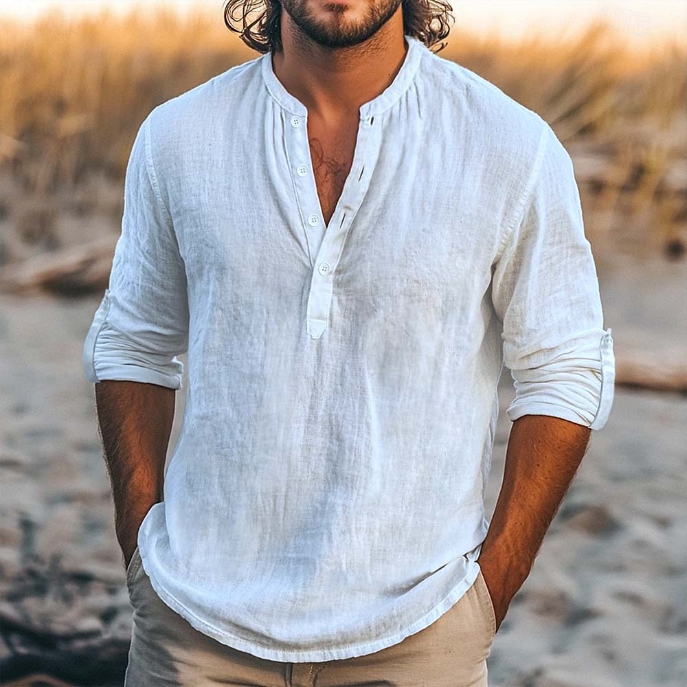 Męskie Koszula Koszula lniana Letnia koszula Koszula plażowa Jednokolorowe Urlop Codzienny Czarny Biały Jasnoniebieski Długi rękaw Henley Odzież Wiele kieszeni 2026 - $25.99 –P6