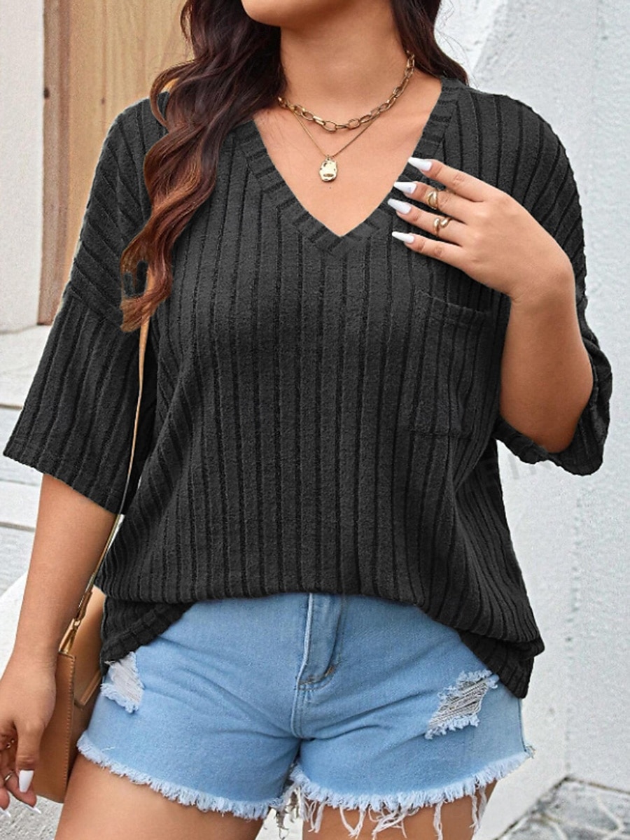 Women's Plus Size Tops T Shirt Solid Color Pocket Short Sleeve V Neck Casual Daily Polyester Summer Spring Black Wine 2025 - $22.99 –P5
