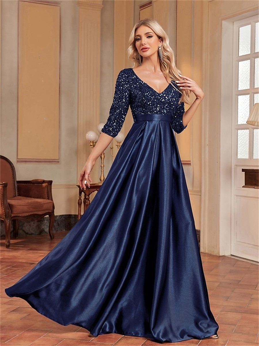 A-Line Quinceanera Dresses Elegant Dress Formal Wedding Floor Length Long Sleeve V Neck Polyester with Sequin 2025 - $99.99 –P17