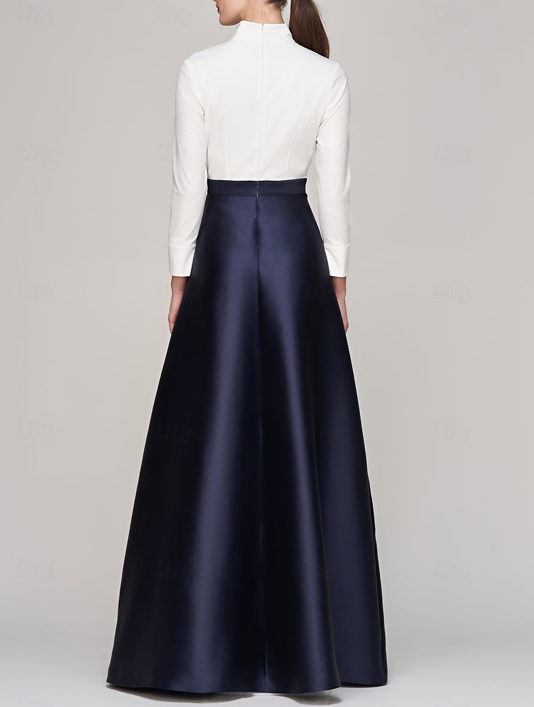 Robe de soirée en A noir et blanc élégante robe formelle invitée de mariage longueur de sol manches longues décolleté en V satin avec poches et nœud(x) de 2025 ? $137.99 –P4