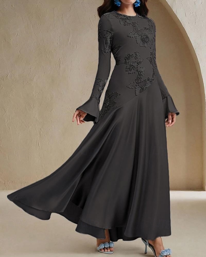 Blauer Bogen Spitze A-Linie Abendkleid Elegantes Kleid Formelles Hochzeitskleid Bodenlang Lange Ärmel Rundhals Stretchmaterial 2025 - $135.99 –P6