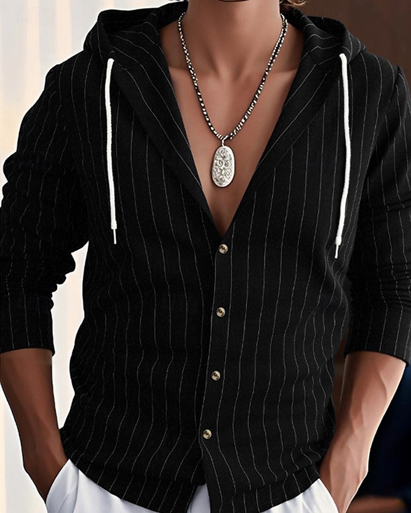 Per uomo Camicia Camicia di lino Camicia casual Camicia con Bottoni Camicia di cotone A righe Vacanza Camicia hawaiana Nero Bianco Blu marino Cachi Manica Lunga Con Cappuccio Primavera Autunno del 2025 a $23.99 –P10