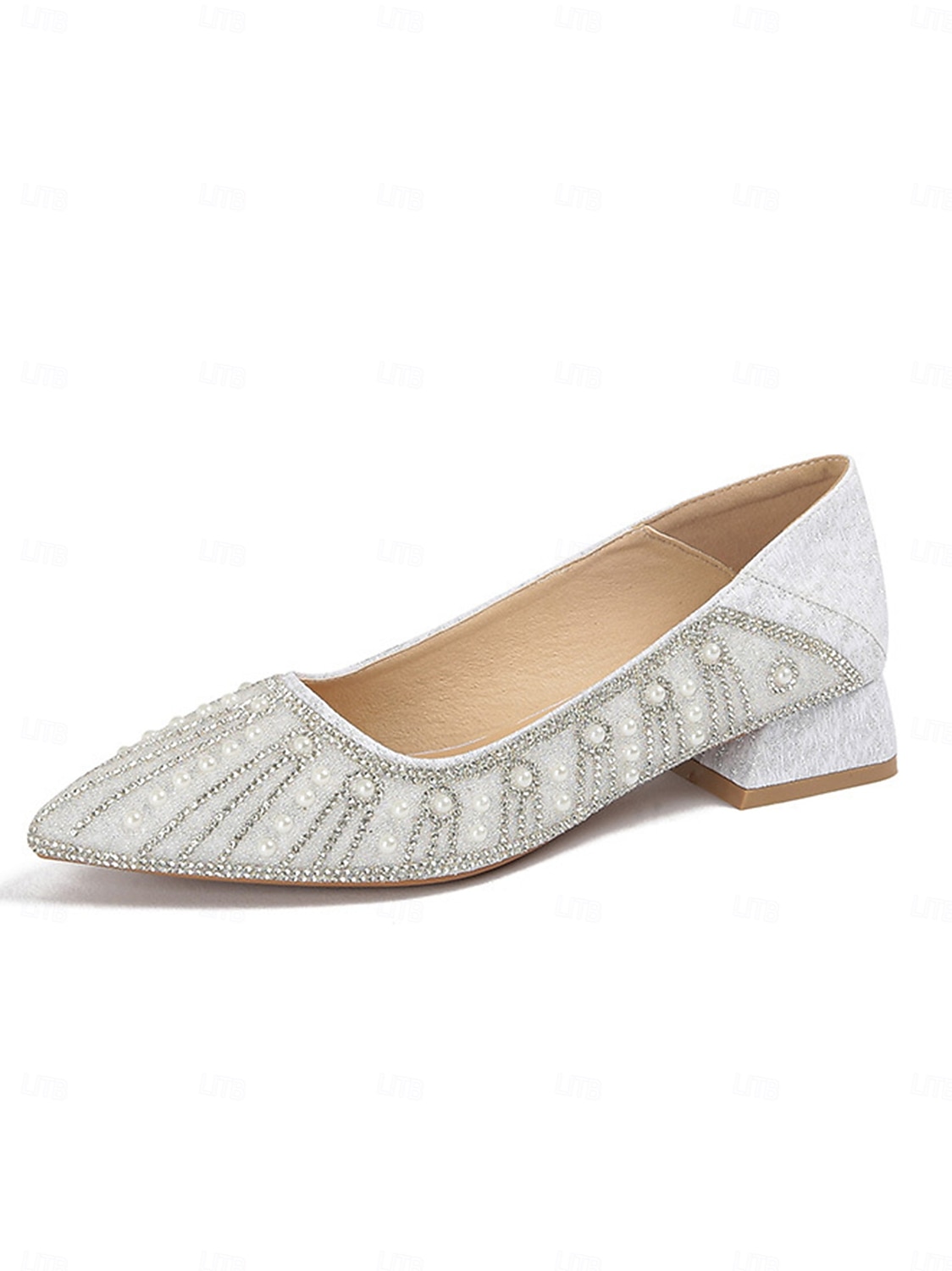 Pärlprydda spetsiga blockklackar för kvinnor, eleganta glitterpumps för cocktailpartyn och formella evenemang 2026 - $46.99 –P1