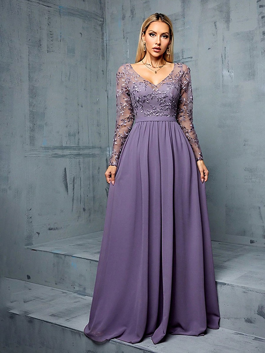 A-Lijn Quinceanera Jurken Elegante Jurk Formele Bruiloft Vloerlengte Lange Mouw V-Hals Chiffon met Plooien 2025 - $109.99 –P7