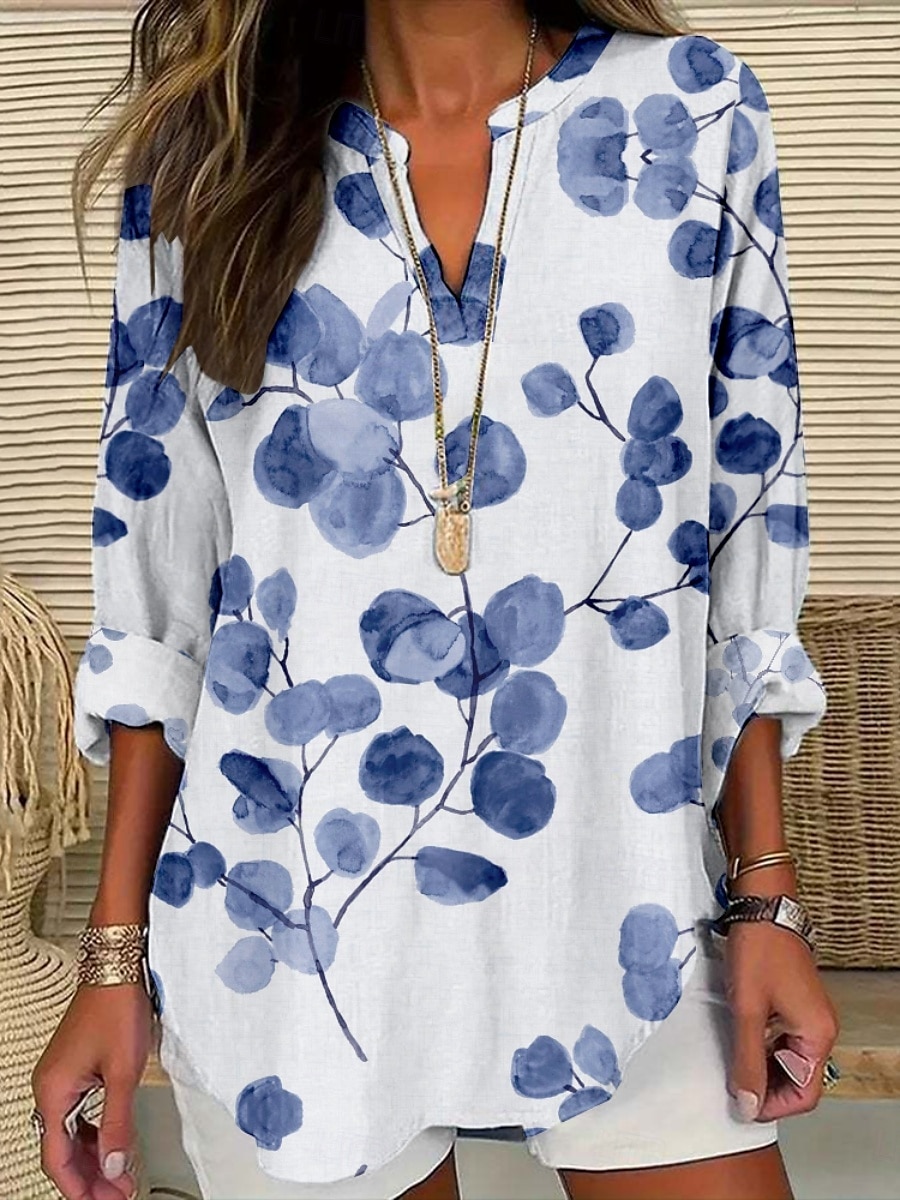 Dames Blouse Bloemig Stijlvol Modern Lange mouw V-hals Normale tops Dagelijks Feestdagen Afdrukken Wijn Marine Blauw blauw Paars Khaki Zomer 2025 - $22.99 –P5
