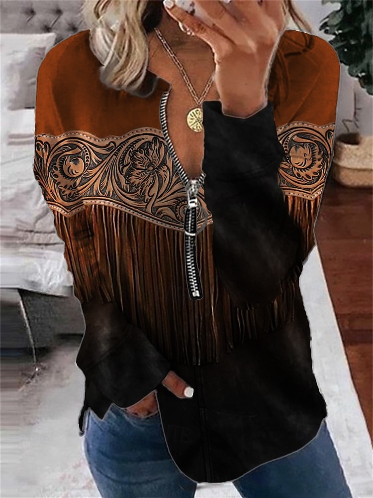 Dame Boho skjorte Bluse Batikkfarget Trykt mønster Daglig Stilfull Langermet Crew-hals Vanlige topper Daglig Ut på byen Trykt mønster Quarter Zip Lysebrun Blå Himmelblå Brun Vår Høst 2025 - $19.49 –P1