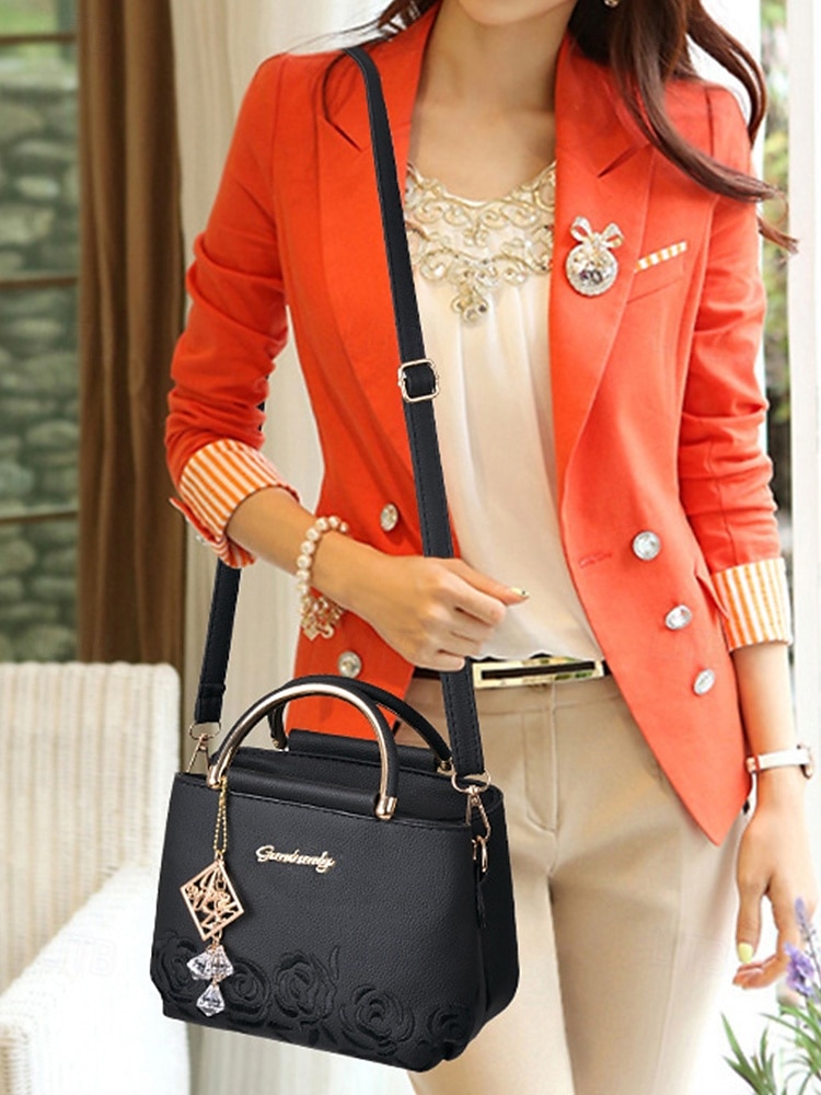 Women's Embroidered Rose Tote Bag with Gold Top Handle and Shoulder Strap - Elegant Faux Leather Crossbody Bag for Commuter, Leisure and Weekend Outings 2025 - $26.99 –P2
