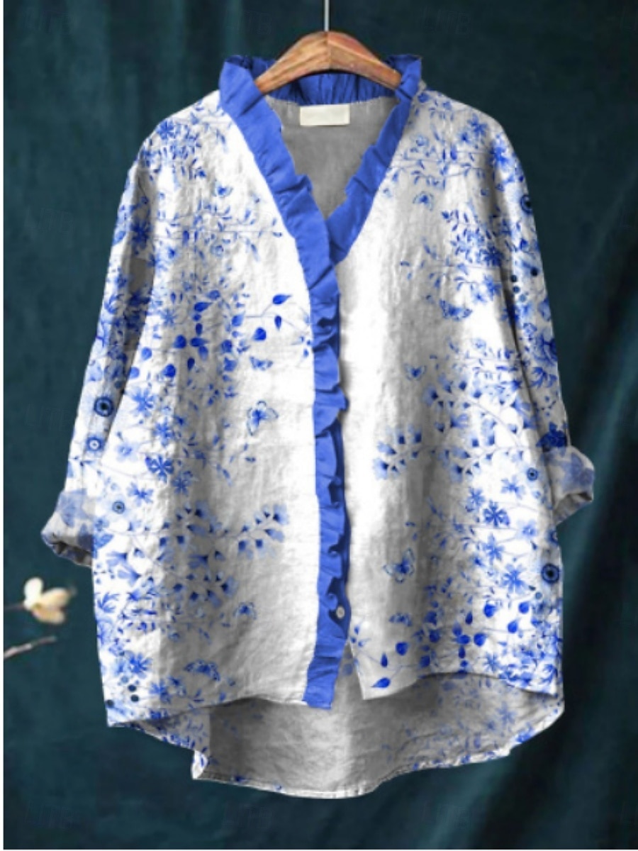 Femmes Chemise Fleuri Élégant Occasionnel manche longue Col en V Hauts Réguliers Quotidien Boutons Imprimé Rose Claire Rouge Bleu Fuchsia Vert Été Printemps de 2025 ? $25.99 –P5
