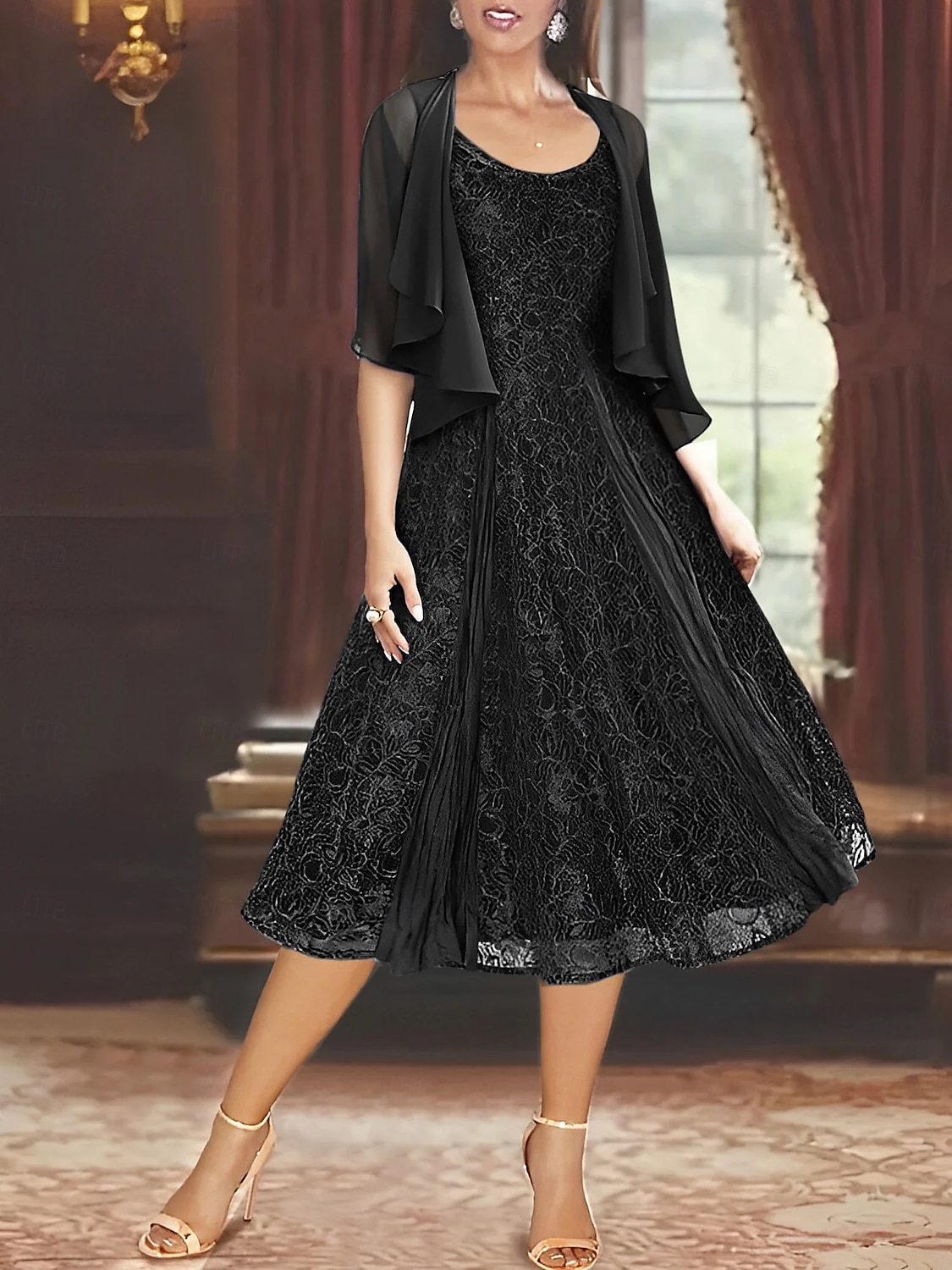 Zweiteiliges A-Linie Mutter der Braut Kleid Elegantes Einfaches Lässiges Bootsausschnitt Knöchellang Chiffon Lange Ärmel mit Spitzenrüschen 2025 - $129.99 –P8