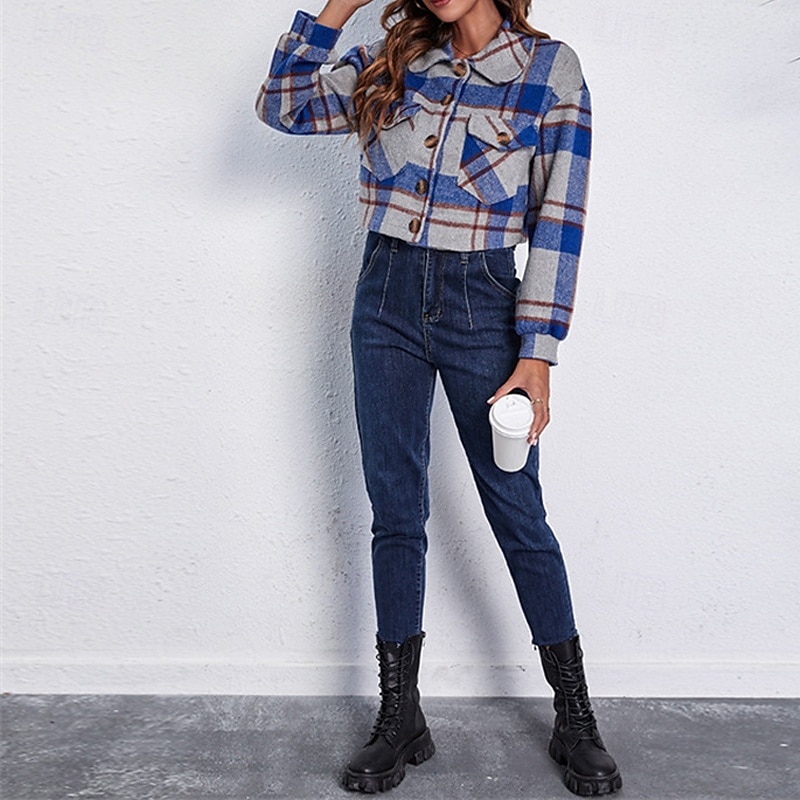 Damen Hemdjacke Warm Bequem Tasche Mode Outdoor Karomuster Ausgehen Wochenende Kurz Umlegekragen Normale Passform Langarm Oberbekleidung Grau Herbst Winter 2025 - $26.99 –P5