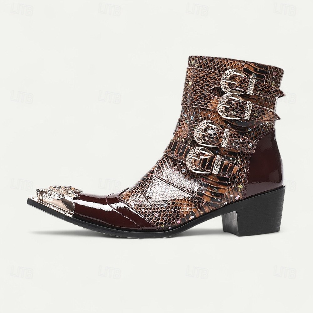 Botas de tobillo de cuero con patrón de cocodrilo marrón para hombres con hebillas de punta dorada calzado de inspiración occidental de moda para uso casual y al aire libre 2025 - $139.99 –P3