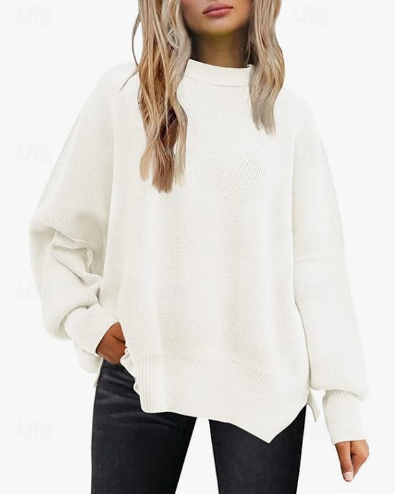 Women's Sweater Pullover Casual Solid Color Ribbed Crew Neck Knitted Long Sleeve Regular Tops Knit Going out Weekend Black White Fall 2025 - $28.99 –P7
