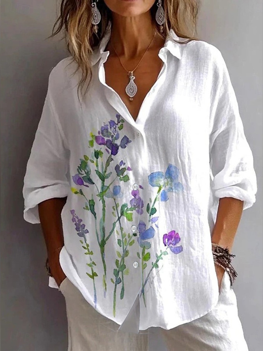 Women's Shirt Floral Graphic Vintage Tropical Daily Long Sleeve Shirt Collar Regular Tops Work Daily Holiday Buttons Print White Light Blue Summer Spring 2025 - $32.99 –P1