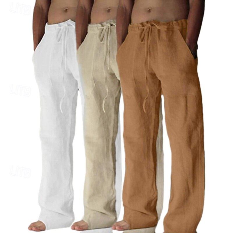 Homens Calças de linho Calças Calça verão Calças largas Calças de praia Bolsos Com Cordão Tecido Conforto Respirável Comprimento total Ioga Casual Diário Férias Estilo Clássico Khaki + Branco + Cinza de 2025 por $39.99 –P3