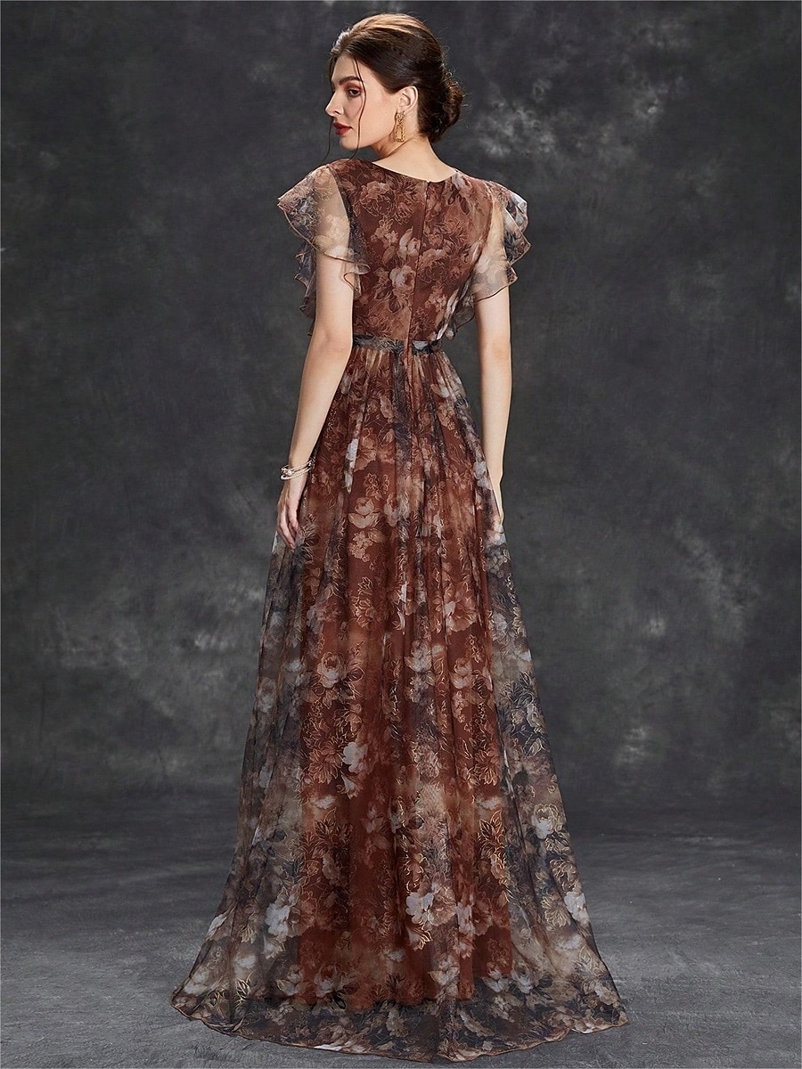 Abiti Quinceanera A-Line abito elegante formale lungo senza maniche scollatura a V in chiffon con stampa floreale del 2025 a $79.99 –P25