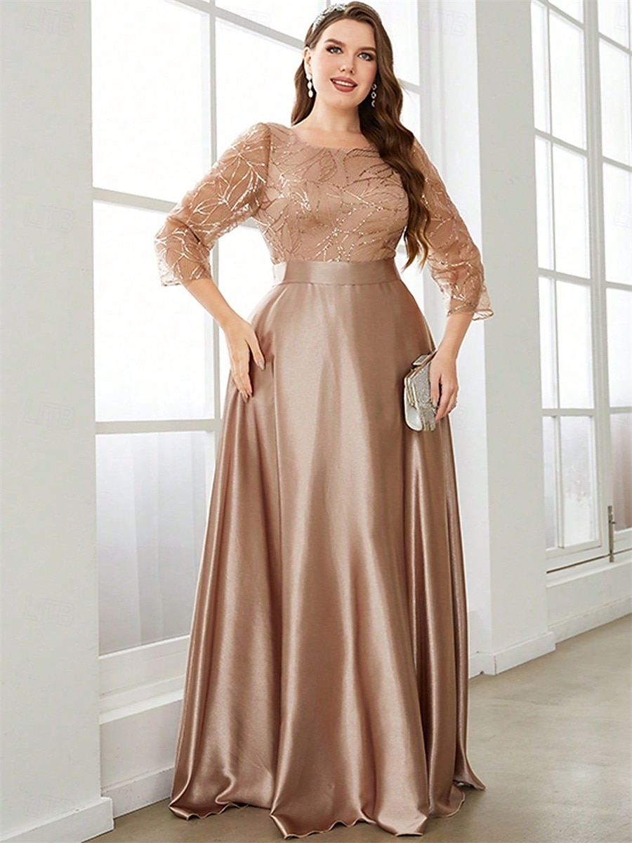 A-Line Evening Gown Elegant Dress Formal Wedding Floor Length 3/4 Length Sleeve Crew Neck Satin with Pleats 2025 - $129.99 –P6