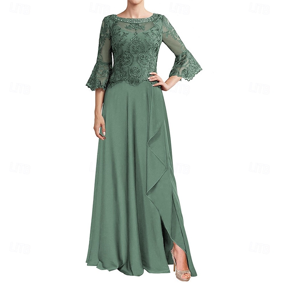 A-Line Mother of the Bride Dress Elegant Crew Neck Floor Length Chiffon Long Sleeve with Solid Color 2025 - $119.99 –P6