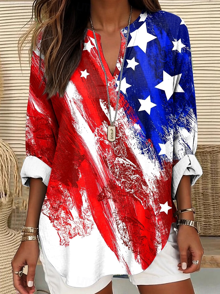 Giorno dell'Indipendenza Blusa Patriottica da Donna Simile Lino Traspirante Leggera Tunica Collo a V Maniche Lunghe Boho Casual Bandiera Rossa Bianca e Blu Maniche Corte Giornaliero Stampa del 2026 a $32.99 –P3