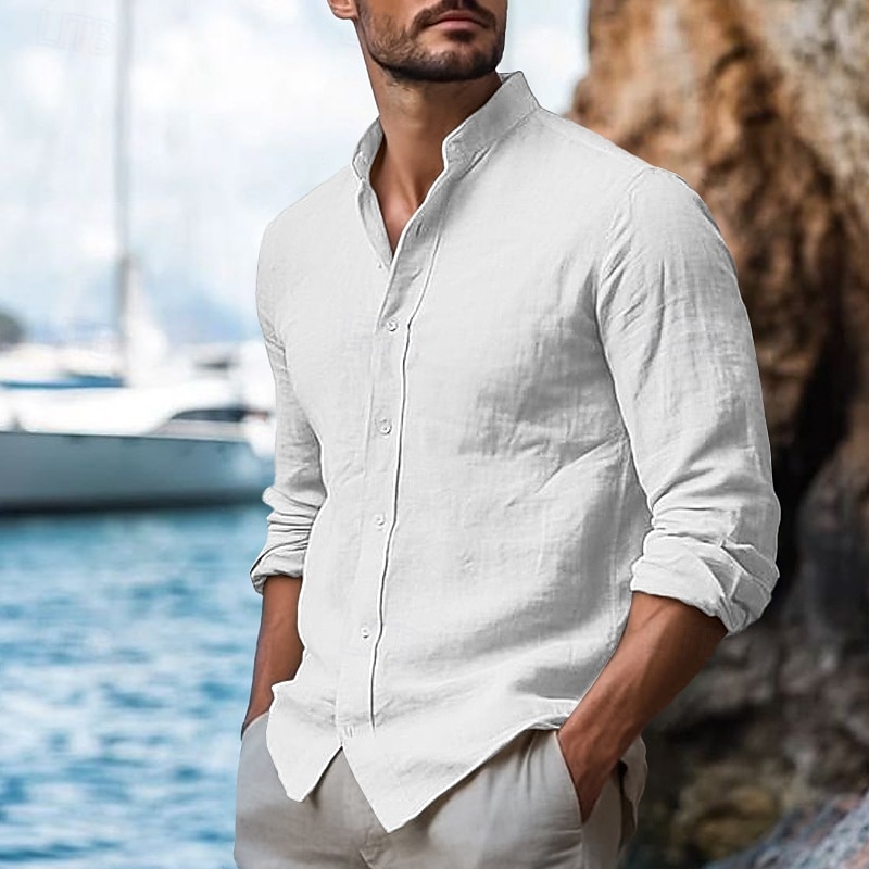 Herren Hemd Leinenhemd Stehkragenhemd Sommerhemd Strandbekleidung Freizeithemd Einfarbig Urlaub Kreuzfahrt Schwarz Weiß Blau Khaki Langarm Kragen Bekleidung 2025 - $23.99 –P5