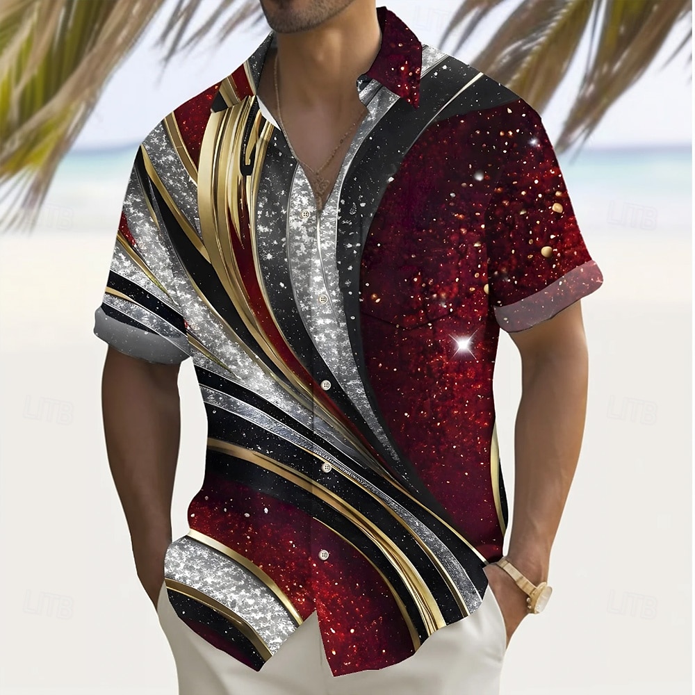Miesten Geometrinen Kimmeltävä Viiva Paita Kesä paita Button Up paita Lyhythihainen Muoti rento ulko- Loma Arkikäyttö Kesä Kevät Sänkyjen avaus 3D-tulostus kauluspaidat Edessä yksi tasku Viini 2025 - $23.99 –P1
