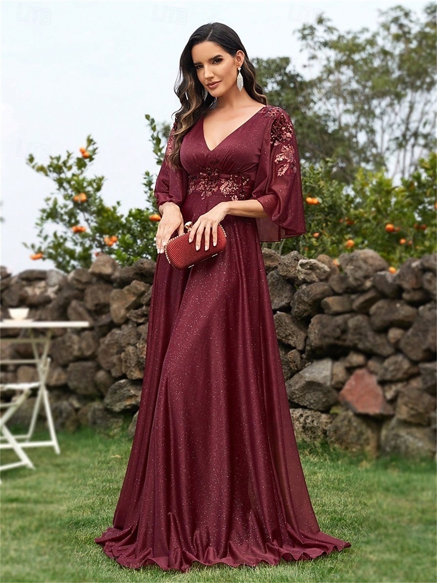 Robes de quinceanera en A élégante robe formelle mariage longueur au sol manches 3/4 en V chiffon dos en V avec plis de 2025 ? $99.99 –P10