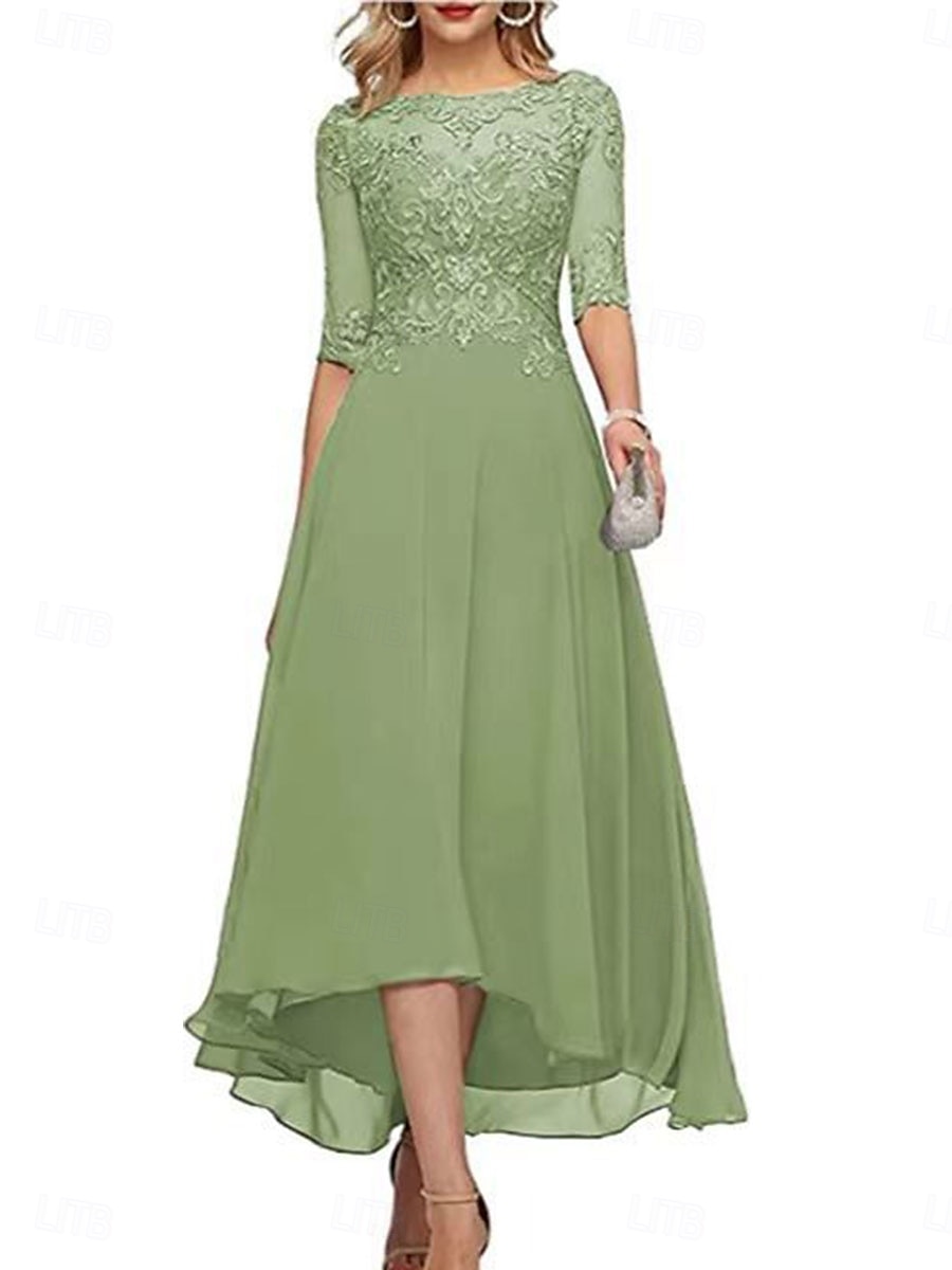 A-Line Mother of the Bride Dress Elegant Crew Neck Floor Length Chiffon Half Sleeve with Solid Color 2025 2025 - $119.99 –P15