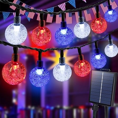1 Stück 12 m - 100 LED-Perlen, solarbetriebene patriotische Lichterketten für den Außenbereich, wasserdicht, 4. Juli, Unabhängigkeitstag, rot-weiß-blaue Blasenkugel-Lichterkette, Hof, Gartenzaun, Balkon, Party, patriotische Atmosphäre 2025 - $23.99 –P4