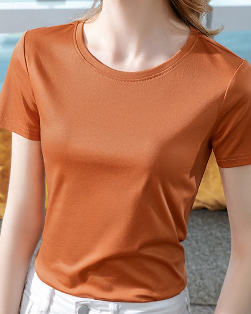 Per donna Maglietta Semplice Essenziale Moderno Manica Corta Girocollo Top Regolari Quotidiano Weekend Nero Bianco Viola Arancione Estate del 2025 a $24.99 –P3