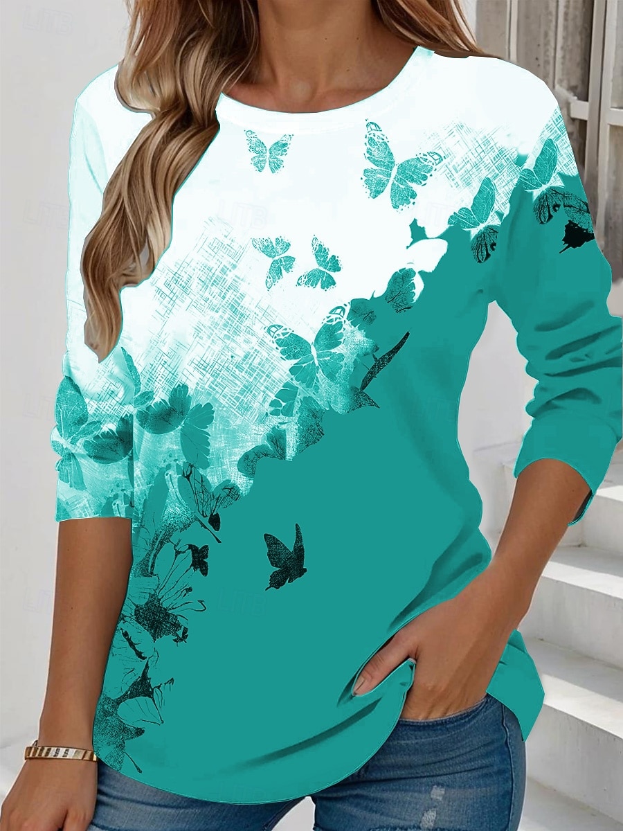 Maglietta da donna a manica lunga Collo tondo Maglietta a manica lunga Tunica Floreale Elegante Carina Top Regolari Quotidiani Uscita Weekend Stampa Nera Rossa Blu Viola Verde Primavera Autunno del 2026 a $24.99 –P4