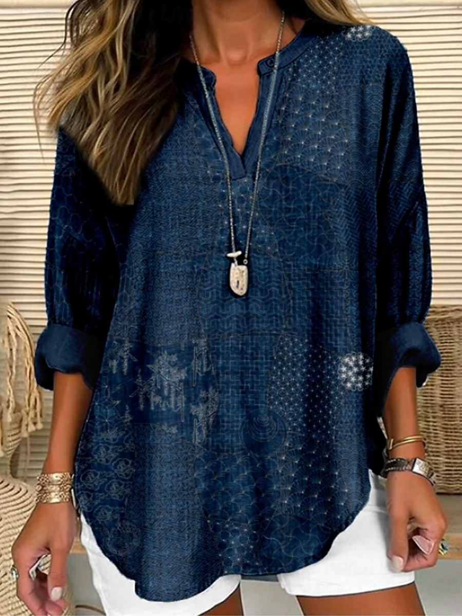 Dame Bluse Blomstret Grafisk Blader Bohem Årgang Tropisk Langermet V-hals Vanlige topper Daglig Ferie Strand Klær Trykt mønster Salvie Grøn Navyblå Dusty Blue Sommer Vår 2025 - $19.99 –P1