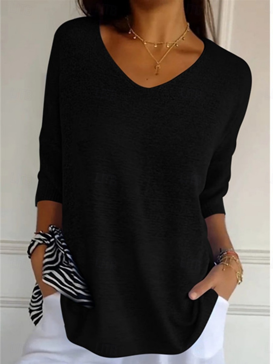 Blusa de mujer de color sólido básica casual de manga larga 3/4 con escote en V blusas regulares diarias negra amarilla roja verde albaricoque otoño invierno preotoño 2026 - $27.99 –P5