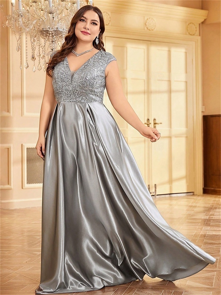 Robe A-Line Grande Taille Élégante Robe Courbe De Mariage Formelle Longue Au Sol Manches Courtes Col en V Satin Dos Nu Avec Plis 2025 de 2025 ? $119.99 –P11