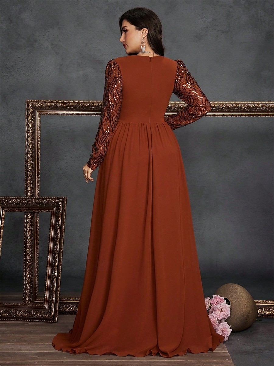 A-Line Plus Size Dresses Elegant Curve Dress Formal Wedding Floor Length Long Sleeve V Neck Chiffon with Sequin 2025 - $119.99 –P26