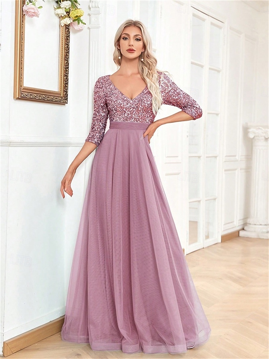 A-linjainen Quinceanera-Mekot Elegantti Mekko Virallinen Häät Lattiapituus Puolihihainen V-kaula-aukko Tylli Strassilla 2025 - $99.99 –P14