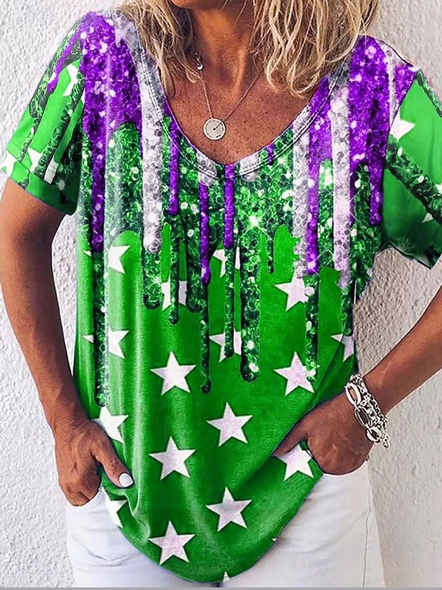 Tricou patriotic pentru femei grafic cu steag elegant casual cu mânecă scurtă cu decolteu în V tops regulate pentru zi cu zi imprimeu albastru regal albastru fucsia verde vară primăvară 2025 - $19.99 –P4