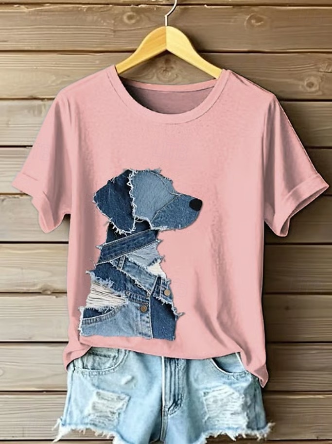 Dame T skjorte Grafisk Dyr Hund Årgang Stilfull Klassisk Kortermet Crew-hals Vanlige topper Daglig Helg Trykt mønster Svart Hvit Rosa Blå Grønn Sommer Vår 2025 - $19.99 –P4