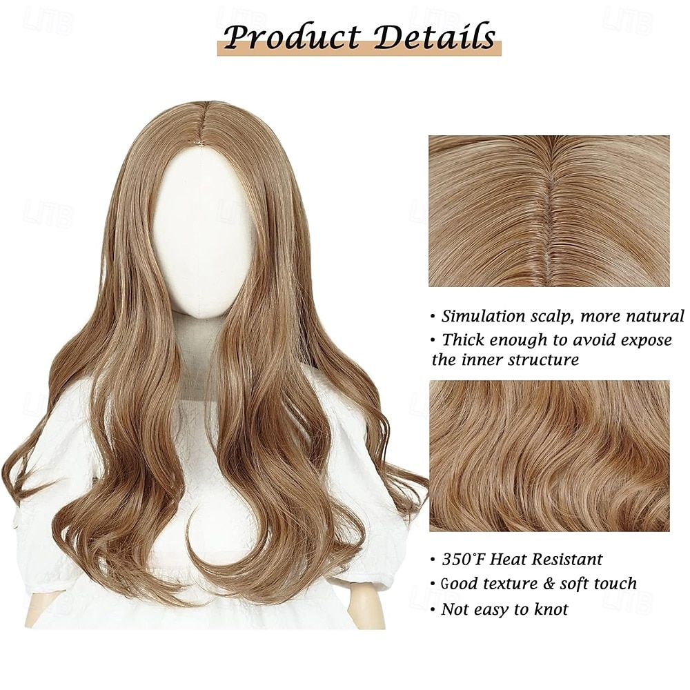 Bruine pruik voor meisjes, lang golvend krullend middenstuk kostuumpruik, prinsessenhaar voor Halloweenfeest 2025 - $26.99 –P3
