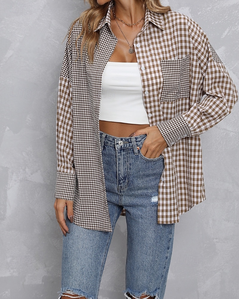 Per donna Camicia Blusa Plaid Moderno Casual Manica Lunga Colletto a Camicia Top Regolari Quotidiano Uscire Tasca Bottoni Viola Marrone Autunno del 2025 a $23.99 –P3