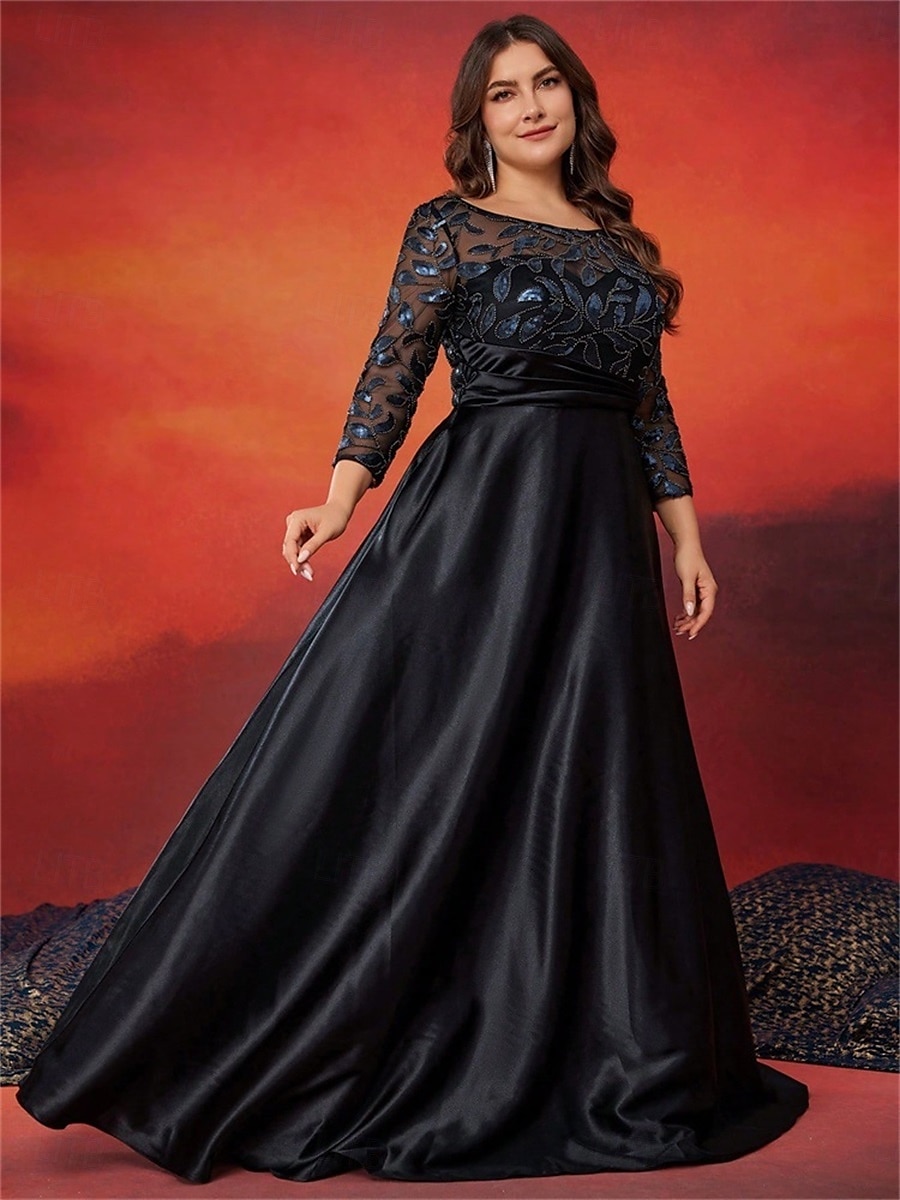 A-Linjeklänningar Plus Size Elegant Kurva Klänning Formell Bröllop Golvlängd Långa Ärmar Runda Hals Siden med Pärlor 2025 - $129.99 –P4