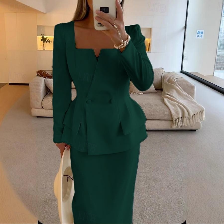 Zweiteilig Meerjungfrauenschnitt Brautmutterkleid Formell Elegant Einfach Minimalistisch Quadrathals Tee-Länge Krepp Stretchstoff Langarm mit Einfarbig 2025 2025 - $139.99 –P13