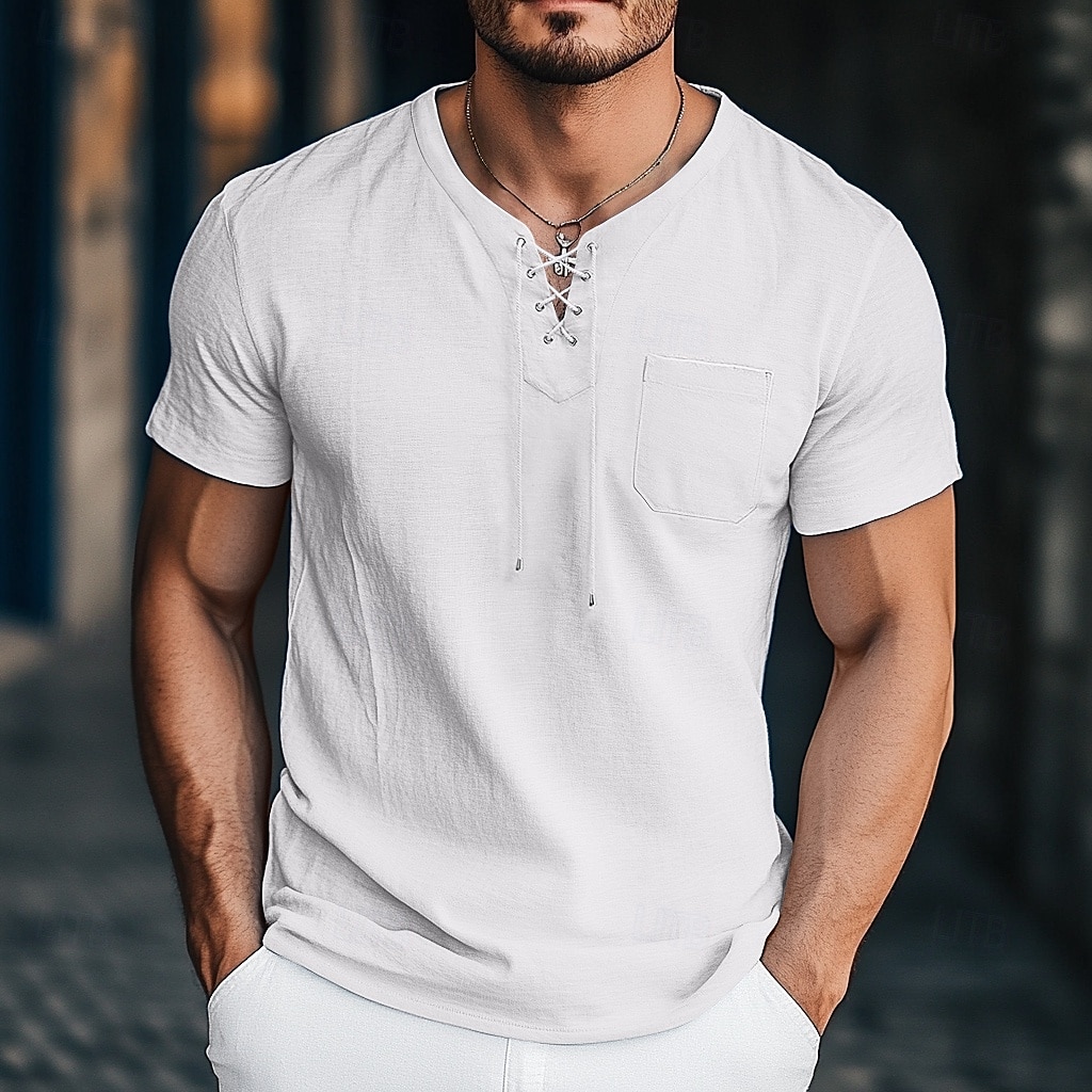 Pánské Tričko Henley Tričko Top Krátký rukáv Pevná barva Bez vzoru Jednobarevné Módní Designové Základní kravata vpředu Do V Dovolená ulice Ležérní Léto Černá Bílá Vodní modrá Tričko Henley 2025 - $20.99 –P6